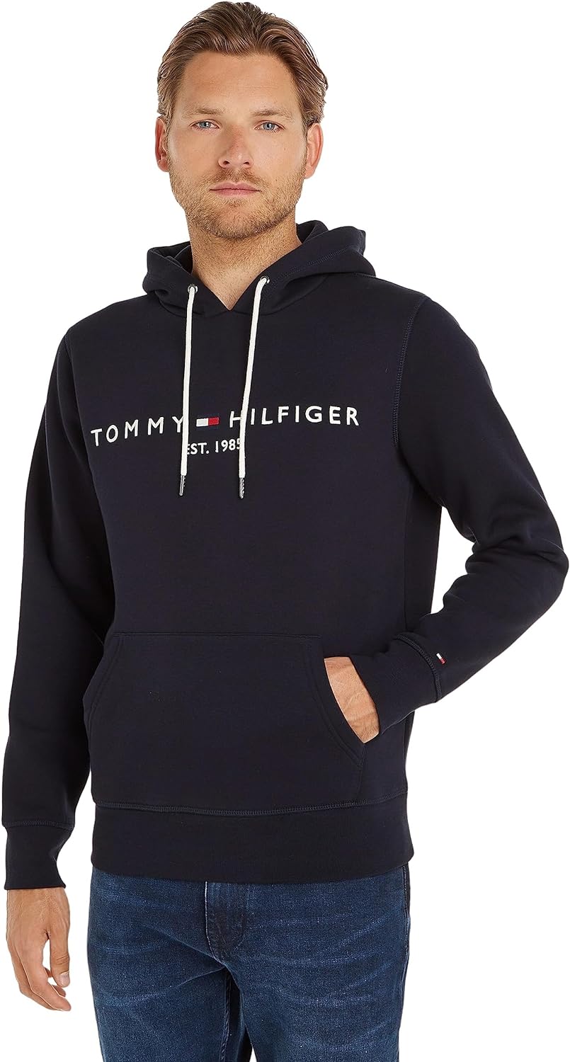 Tommy Hilfiger Mens Embroidered Brand Logo Kangaroo Pocket Hoodie Long Sleeves Sweatshirt