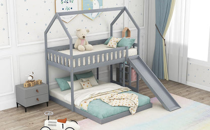 GLORHOME Loft Twin House Bunk Bed， Detachable to Floor Bedframe and A Loftbed, with Slide, Built-in Ladder,Full-Length Guardrail for Kids Adults,Roof can be Decorated, Gray