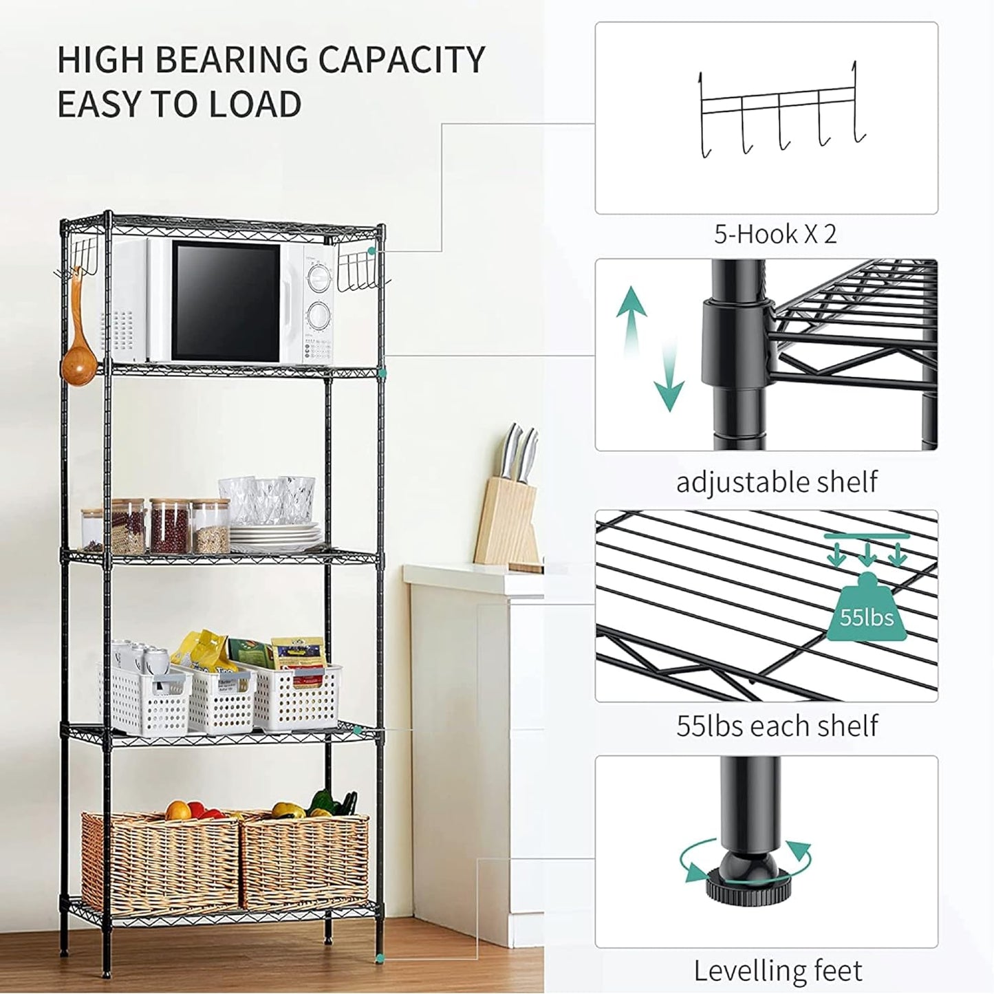 HEXAR® 4 TIER Metal Shelving Unit on Wheels, Adjustable Storage Racks and Shelf, Heavy Duty Rolling Metal Shelves for Laundry Bathroom Kitchen Garage Pantry Organization Bakers Rack