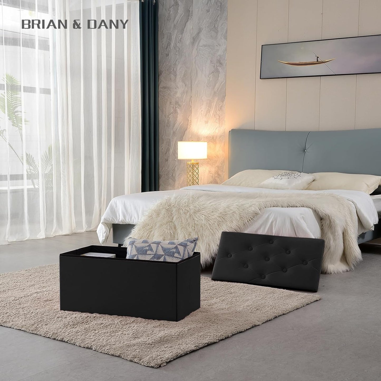 BRIAN & DANY Storage Ottoman Foldable Velvet Footstool Bench with Lid Toy Storage Box, 76 x 38 x 38 cm, Gray