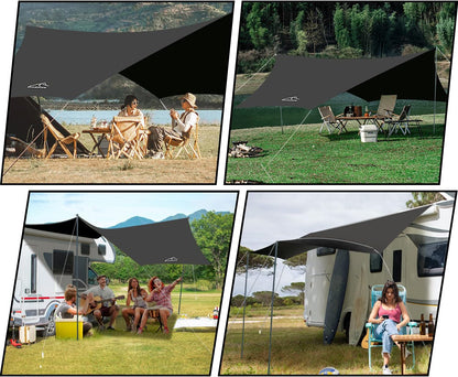 Keqin 13 x 10FT Camping Tarp with 2 Poles Portable Backpacking Tarp Lightweight Awning Sun Shelter Tent,UV UPF50+,PU3000 Waterproof Sun Shade Sail Canopy for Camping,Picnic,Garden Traveling (Beige)