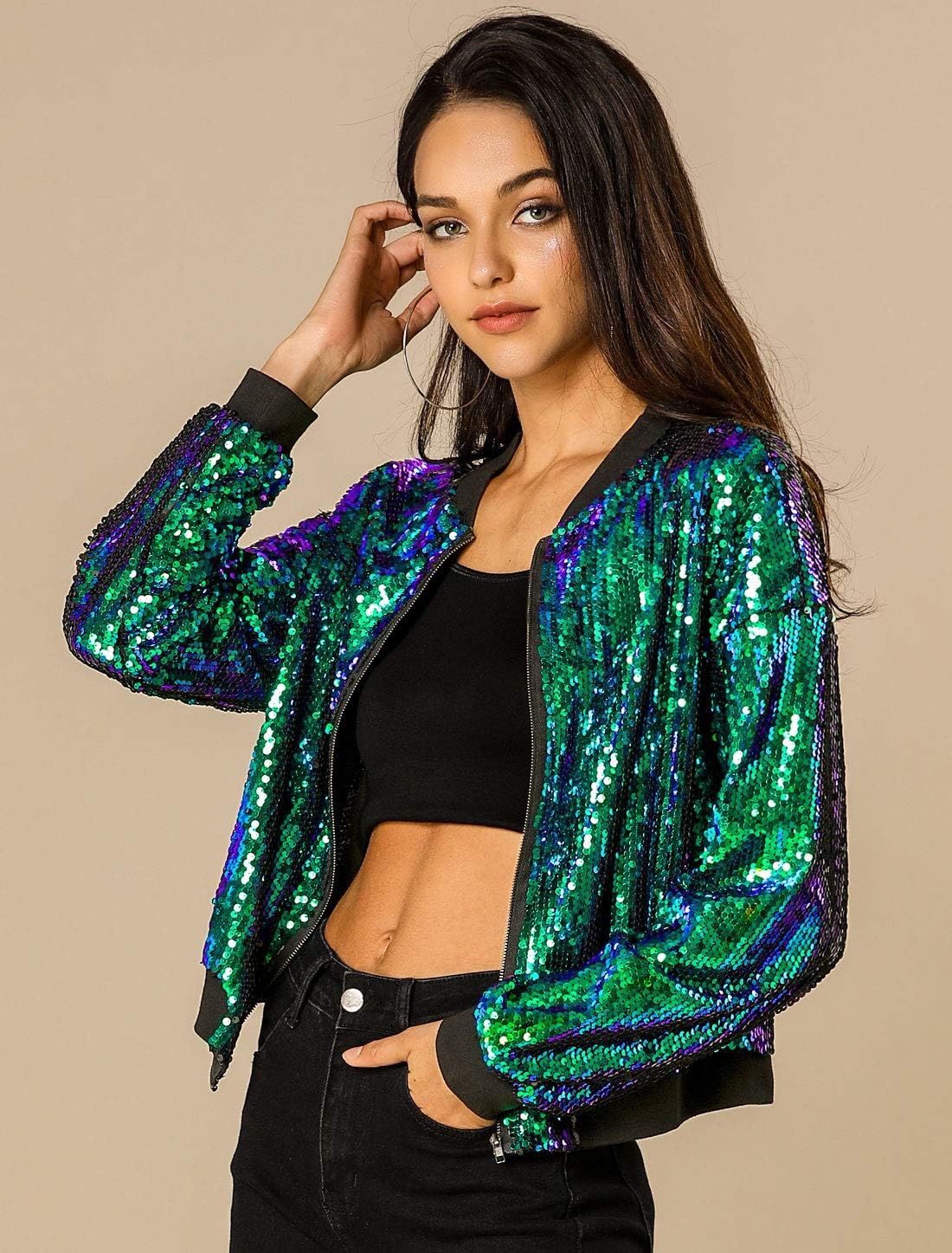 Allegra K Women's Halloween Sequin Sparkle Long Sleeve Zipper Bomber Jacket