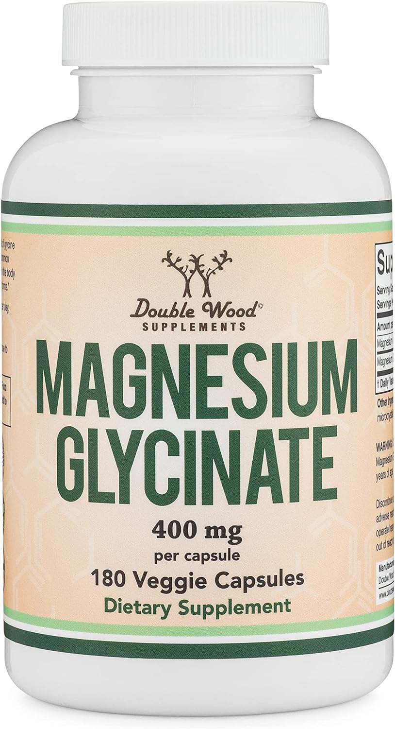 Magnesium Glycinate 400mg, 180 Capsules (Vegan Safe, Manufactured and Third Party Tested in The USA, Gluten Free, Non-GMO) High Absorption Magnesium for Sleep by Double Wood Supplements