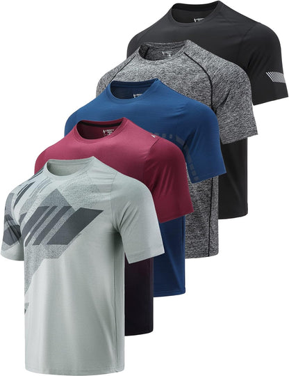 5 Pack Men’s Active Quick Dry Crew Neck T Shirts | Athletic Running Gym Workout Short Sleeve Tee Tops Bulk