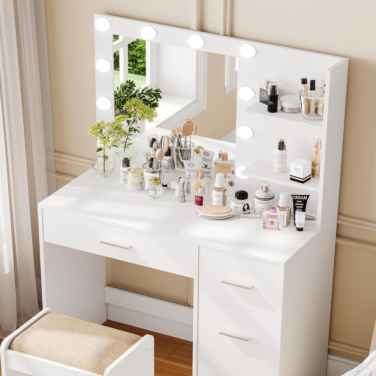 Rovaurx Makeup Vanity Table with Lighted Mirror, Makeup Vanity Desk with Storage Shelf and 4 Drawers, Bedroom Dressing Table, 10 LED Lights, White RSZT104W