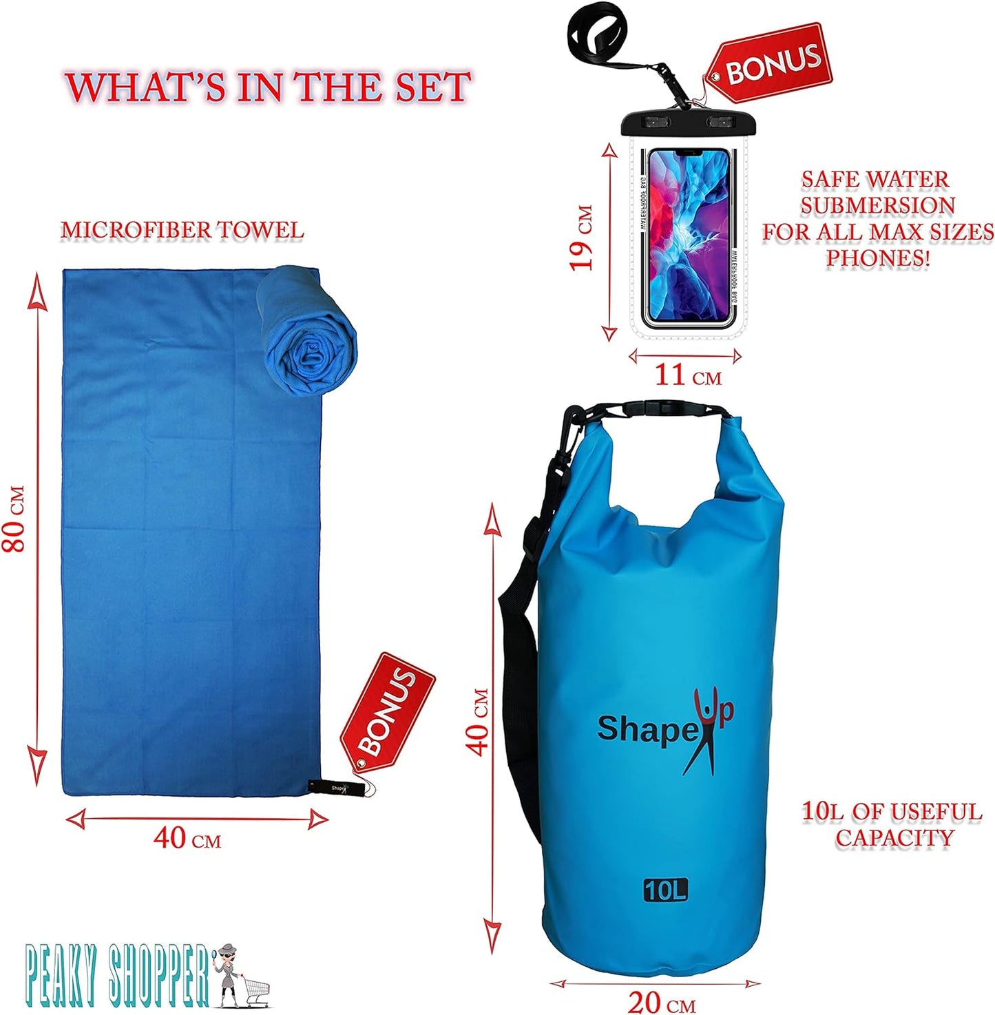 Waterproof Marine Dry Bag Backpack PVC 500 Tarpaulin 20L with pocket & 10L Shoulder Strap Roll Top Floating Dry Sack Boating Swimming with Towel & Phone Case (10, Light Blue, 1)