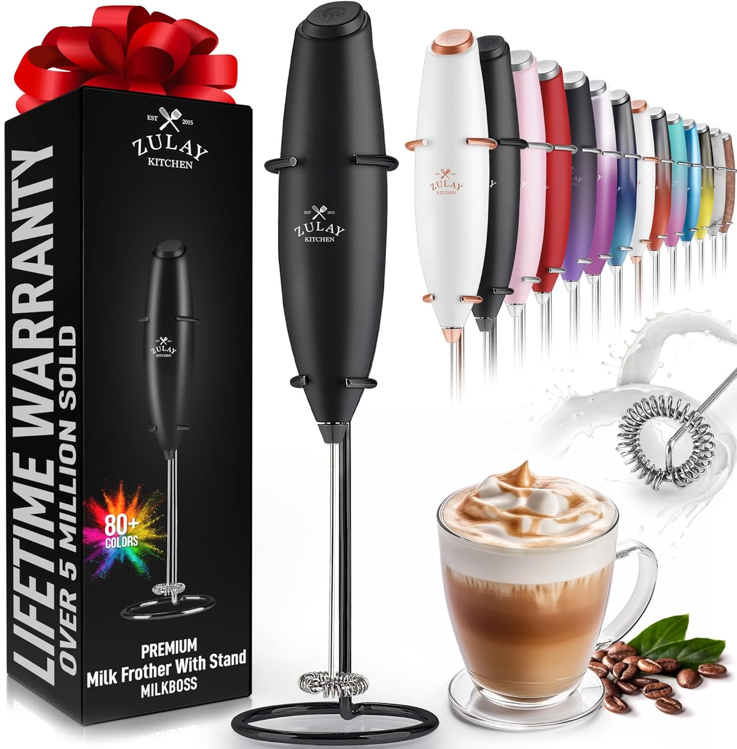 Zulay Executive Series Ultra Premium Gift Milk Frother For Coffee with Deluxe, Radiant Finish - Coffee Frother Handheld Foam Maker - Electric Milk Frother Handheld For Lattes (Black with Sleek Stand)