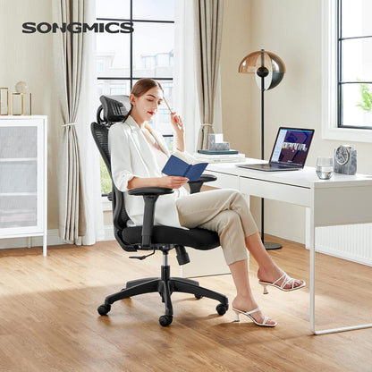 SONGMICS Office Chair, Ergonomic Desk Chair, Computer Chair, Mesh Chair, Adjustable Lumbar Support and Headrest, 150 kg, Height-Adjustable, Black OBN063B01