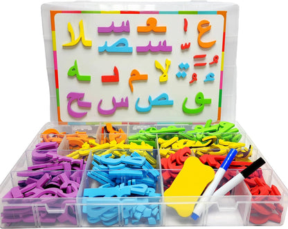 Preschool Learning - 375pcs Colorful Arabic Magnetic Alphabet Letters Puzzle - with 2 Markers and Eraser, 2 in 1 Learning Letters & Colours, Arabic Consonants, Educational, Learning Games