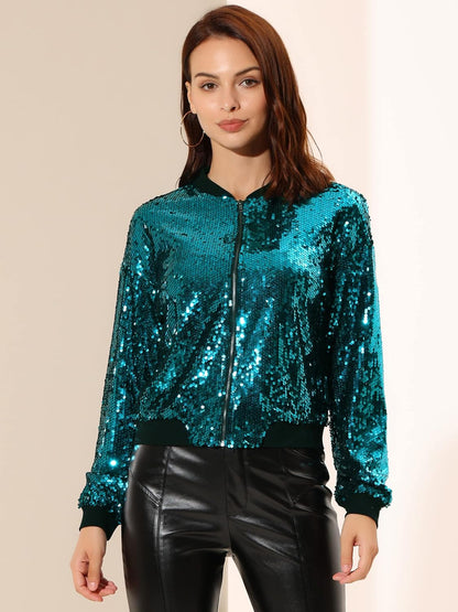 Allegra K Women's Halloween Sequin Sparkle Long Sleeve Zipper Bomber Jacket