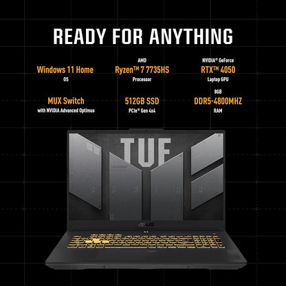 ASUS TUF Gaming A15 FA507NU-LP030W Mecha Gray, Gaming Laptop, AMD R7 7735HS 8GB 512GB SSD, NV RTX4050, 6GB Graphics,WIN11 HOME, 15.6 inch FHD 1920X1080 144Hz, HD Webcam, Backlit-RGB-Eng-Arb-KB