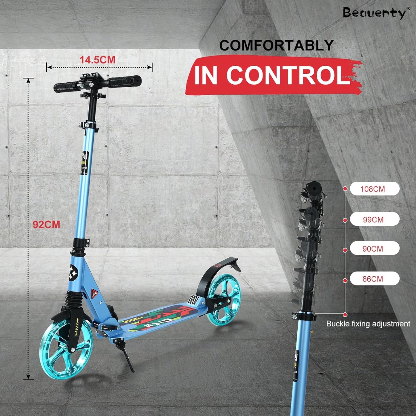 Beauenty 2 Wheels Scooter for Teens, Kick Scooter with Anti-shock Suspension and Adjustable Handlebar for Kids to Adults