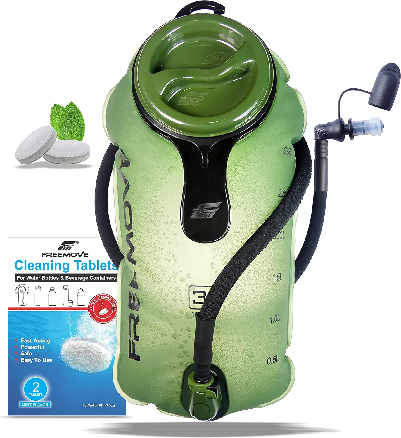 FREEMOVE 2L Hydration Bladder with Cleaning Kit or 3L Water Bladder >Blue or Green< Leak Proof Hydration Pack, Tasteless & BPA Free, TPU Water Reservoir, Quick Release Insulated Tube & Shutoff Valve