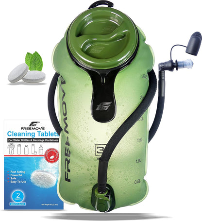 FREEMOVE 2L Hydration Bladder with Cleaning Kit or 3L Water Bladder >Blue or Green< Leak Proof Hydration Pack, Tasteless & BPA Free, TPU Water Reservoir, Quick Release Insulated Tube & Shutoff Valve