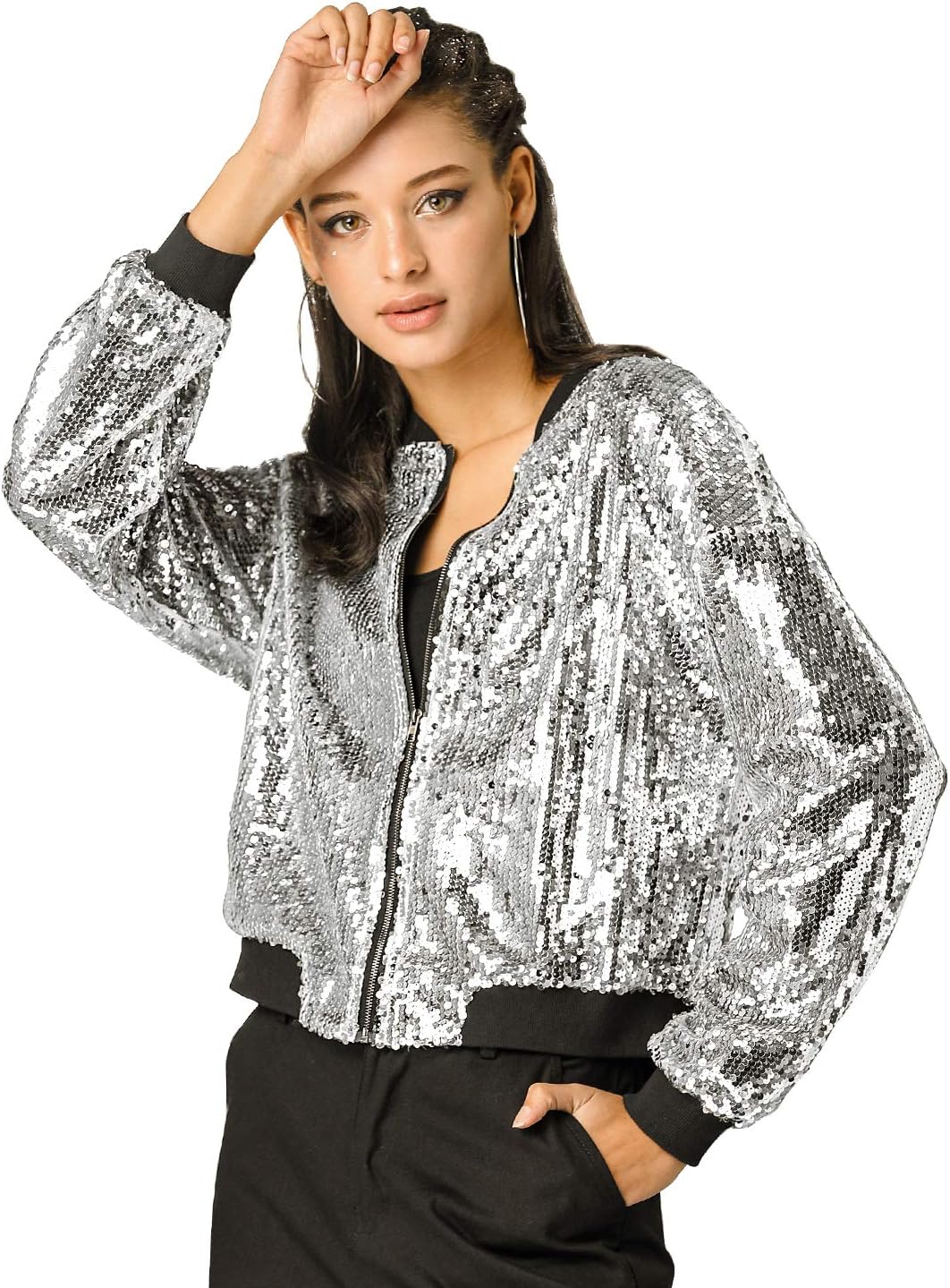 Allegra K Women's Halloween Sequin Sparkle Long Sleeve Zipper Bomber Jacket