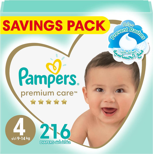 Pampers Premium Care Taped Baby Diapers, Size 4, 9-14 kg, Unique Softest Absorption for Ultimate Skin Protection, 216 Count