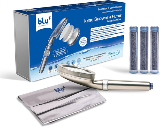 blu Ionic Shower Head & Filter - Handheld - Matt Nickel - Removes Chlorine & Harmful Pollutants - Skin & Haircare