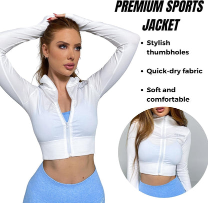 LESS DRAMA Women’s Cropped Jacket Fitness Yoga Sports Workout Top with Thumb Holes