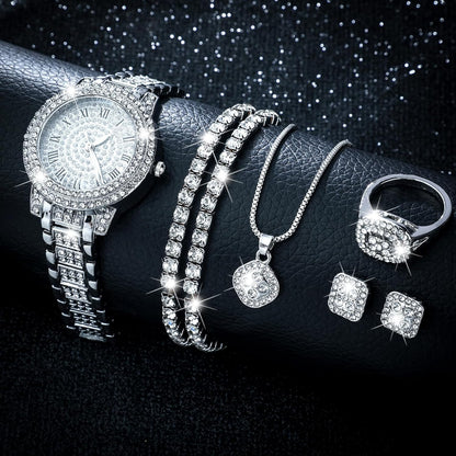 Ecation Luxury Women Wrist Watches Rhinestone Diamond Bracelet Women's Diamond Ring Necklace Earrings Set with Box for Wife Girls Ladies Jewelry Gift