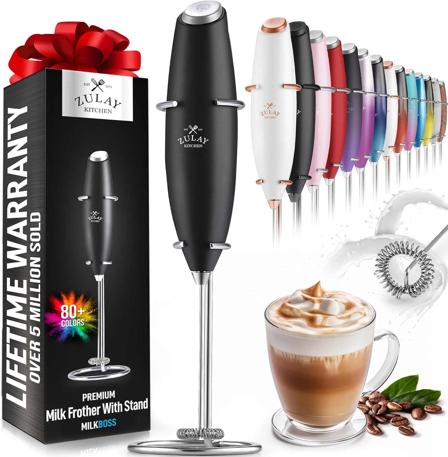 Zulay Executive Series Ultra Premium Gift Milk Frother For Coffee with Deluxe, Radiant Finish - Coffee Frother Handheld Foam Maker - Electric Milk Frother Handheld For Lattes (Black with Sleek Stand)