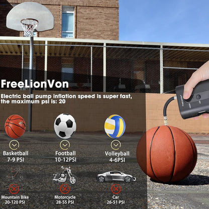 FreeLionVon Electric Ball Pump,Smart Air Pump Portable Fast Ball Inflation Automatic Electric Fast Ball Pump（2 Needle and 1 Nozzle for Soccer, Basketball, Volleyball, Rugby and Swimming laps.