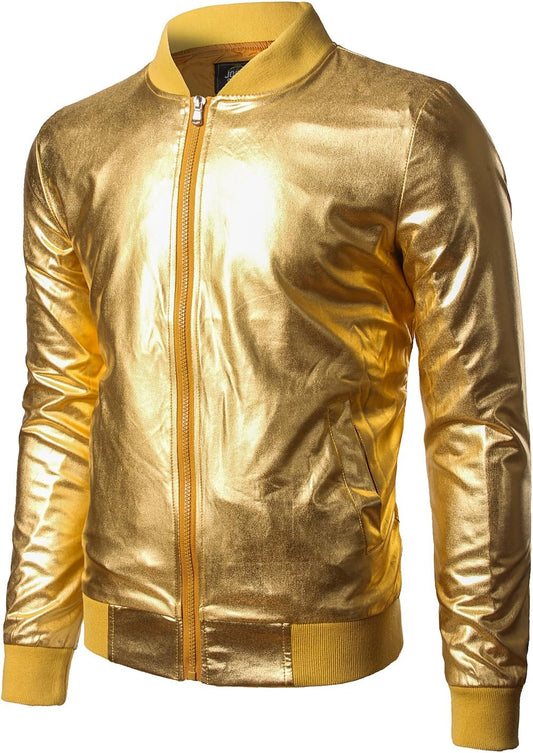 JOGAL Mens Metallic Nightclub Styles Zip Up Varsity Baseball Bomber Jacket Costume