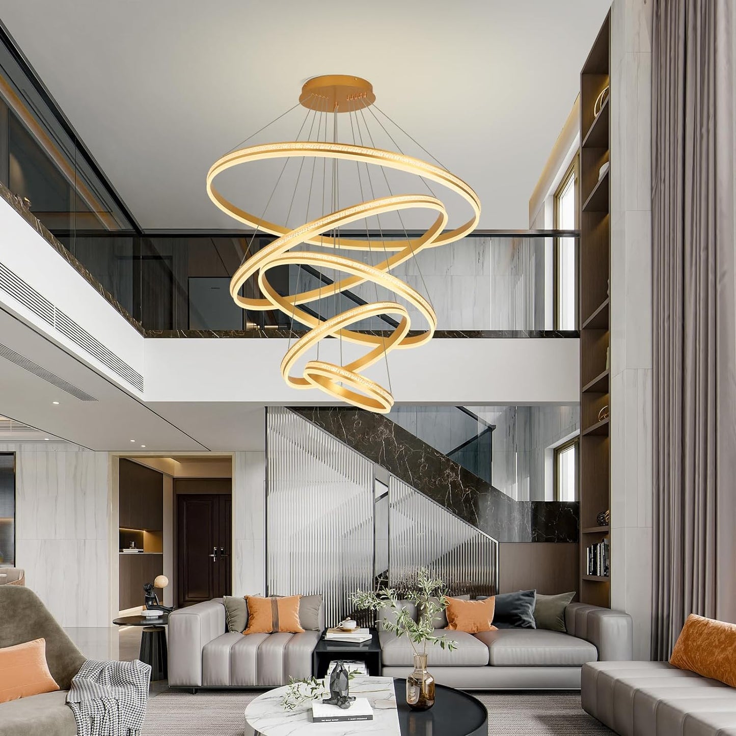 YATAI 5-Rings Luxury Dimmable Chandelier, Remote Control Modern LED Chandelier, 450W Adjustable Height and Ceiling Foyer Chandelier Light Fixtures for Dining Room, Entryway, Staircase and Hall