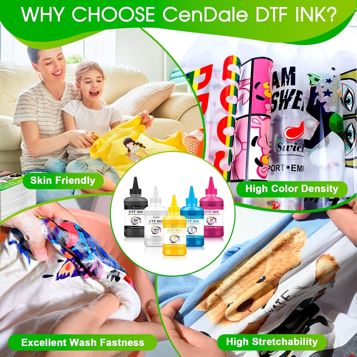 CenDale Premium DTF Ink 600ML- DTF Transfer Ink for PET Film, Refill for DTF Printers Epson ET-8550, XP-15000, L1800, L805, R1390, R2400, Heat Transfer Printing Direct to Film (100ml x 6, CMYK Wh)