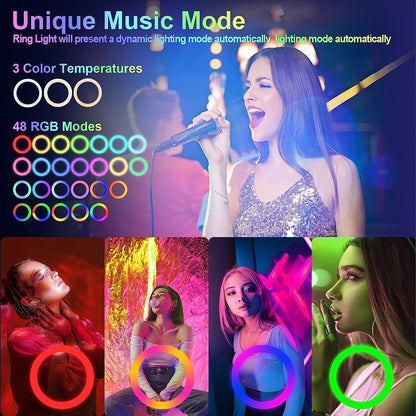 13" Selfie Ring Light with 63" Tripod Stand & 3 Phone Holder, LED Camera Ringlight with 48 RGB Colors Modes & Musical Rhythm Mode and 12 Brightness Dimmable for Makeup/Photography/Videos/Vlog/TikTok