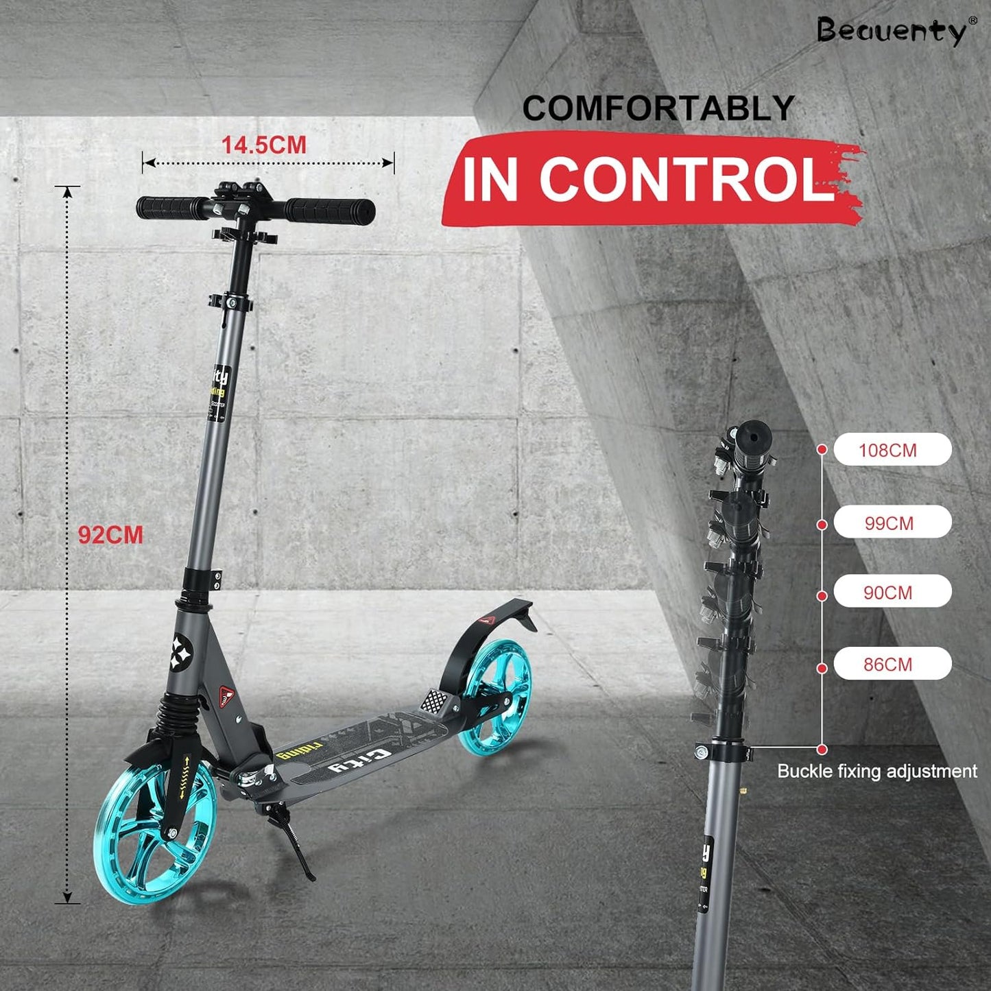 Beauenty 2 Wheels Scooter for Teens, Kick Scooter with Anti-shock Suspension and Adjustable Handlebar for Kids to Adults