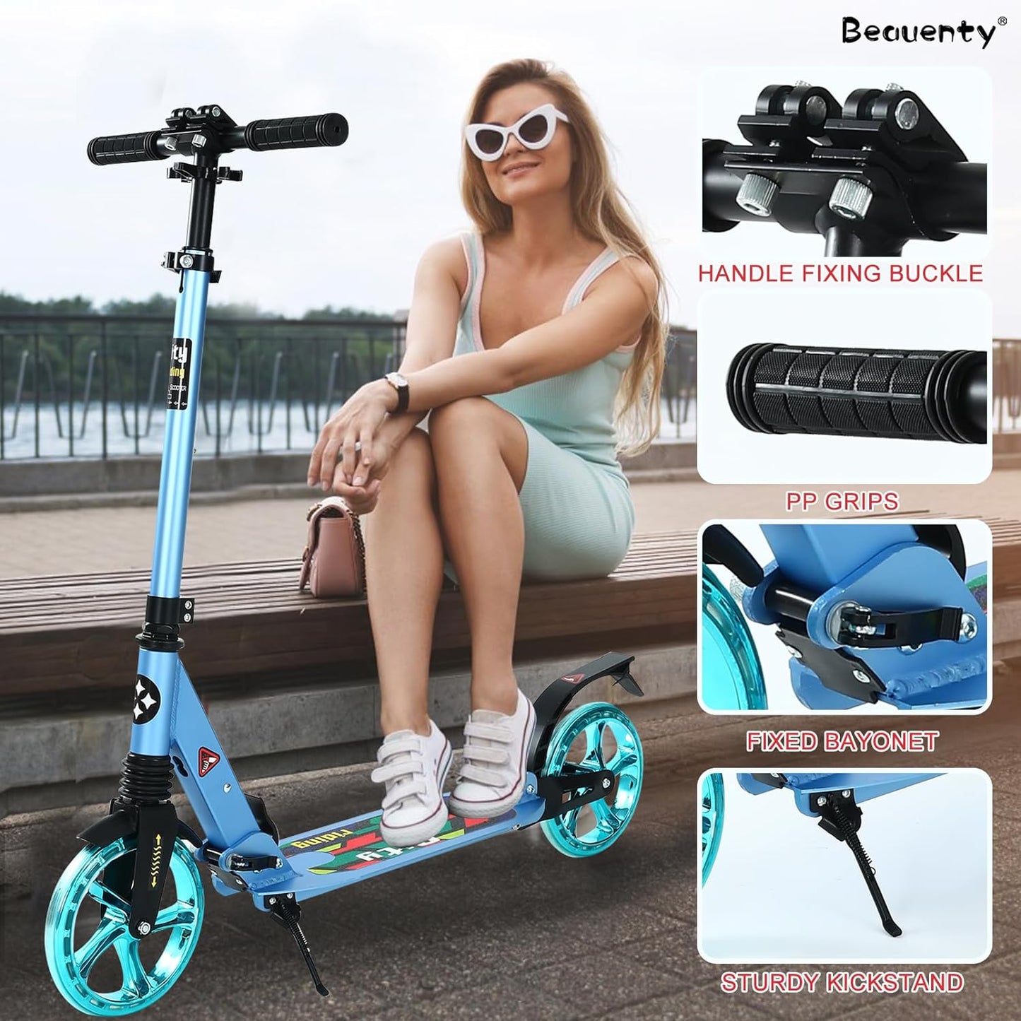 Beauenty 2 Wheels Scooter for Teens, Kick Scooter with Anti-shock Suspension and Adjustable Handlebar for Kids to Adults