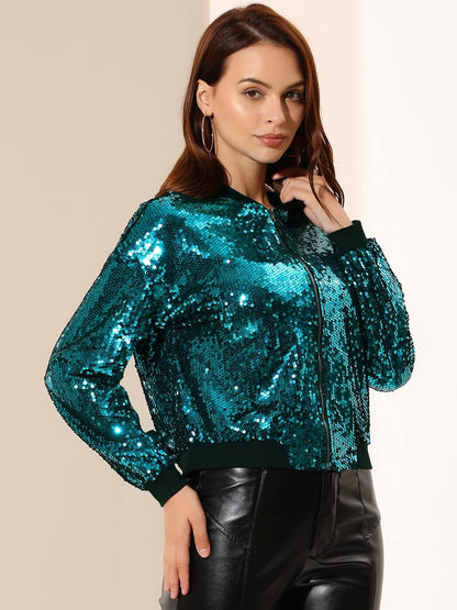 Allegra K Women's Halloween Sequin Sparkle Long Sleeve Zipper Bomber Jacket