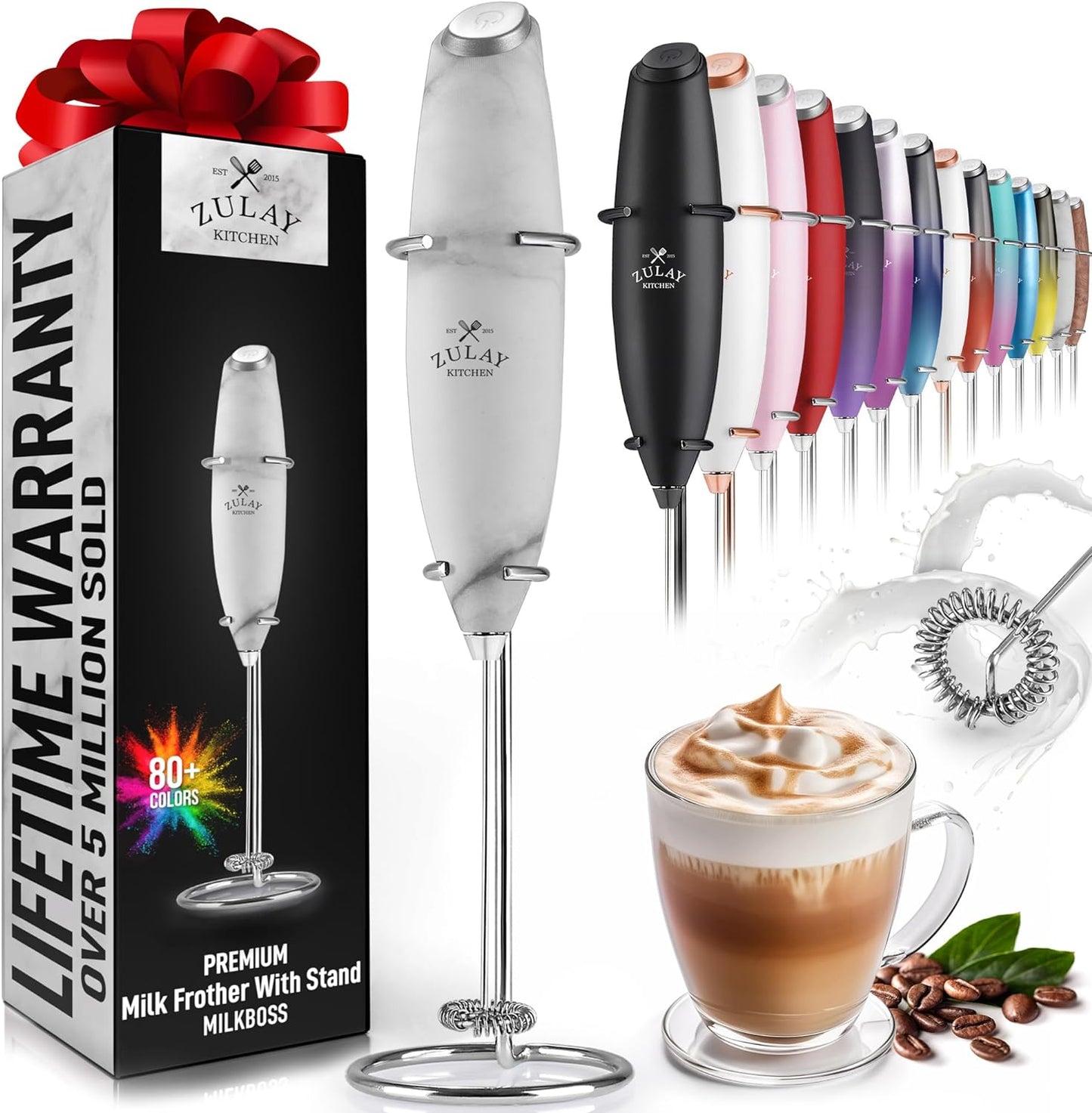 Zulay Executive Series Ultra Premium Gift Milk Frother For Coffee with Deluxe, Radiant Finish - Coffee Frother Handheld Foam Maker - Electric Milk Frother Handheld For Lattes (Black with Sleek Stand)