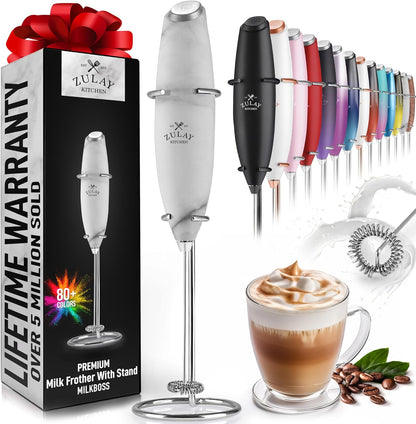 Zulay Executive Series Ultra Premium Gift Milk Frother For Coffee with Deluxe, Radiant Finish - Coffee Frother Handheld Foam Maker - Electric Milk Frother Handheld For Lattes (Black with Sleek Stand)