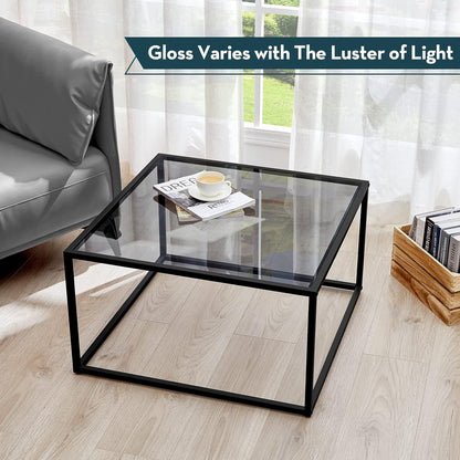 SAYGOER Glass Coffee Table, Small Modern Coffee Table Square Simple Center Tables for Living Room 26.7 x 26.7 x 15.7 Inches, Gray Black