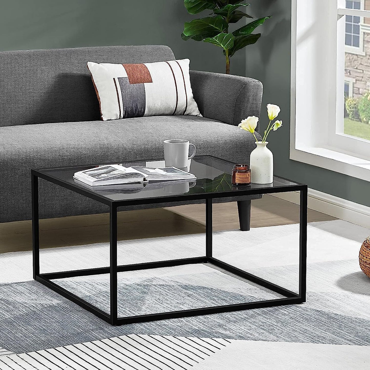 SAYGOER Glass Coffee Table, Small Modern Coffee Table Square Simple Center Tables for Living Room 26.7 x 26.7 x 15.7 Inches, Gray Black