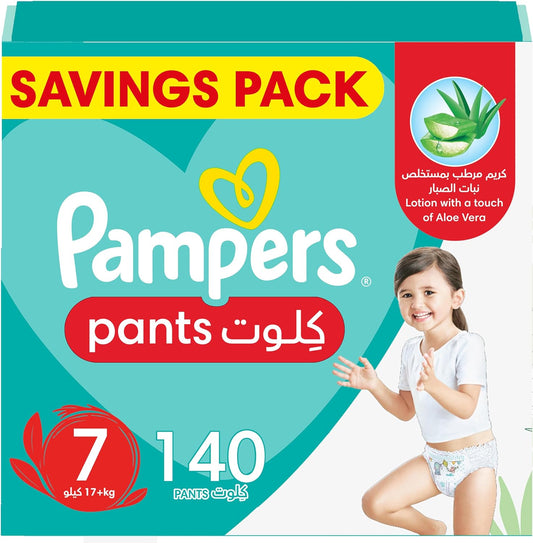 Pampers Baby-Dry Pants Diapers with Aloe Vera Lotion, 360 Fit & up to 100% Leakproof, Size 7, 17+kg, 4 Mega Packs, 140 Count