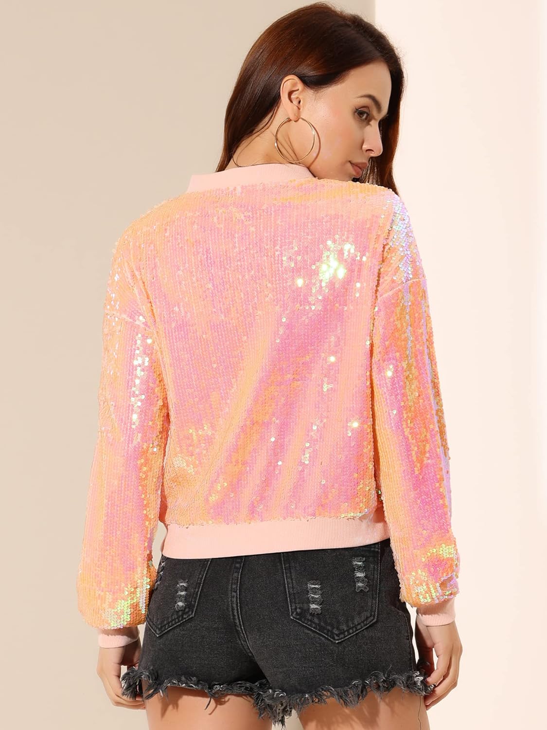 Allegra K Women's Halloween Sequin Sparkle Long Sleeve Zipper Bomber Jacket