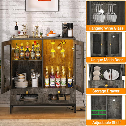 Hyomdeck Sideboard Buffet Cabinet with Storage, Wine Bar Cabinet with Power Outlet & LED Light, Kitchen Storage Cabinet with Drawers, Liquor Coffee Bar Cupboard Buffet Table for Dining Room, White Oak