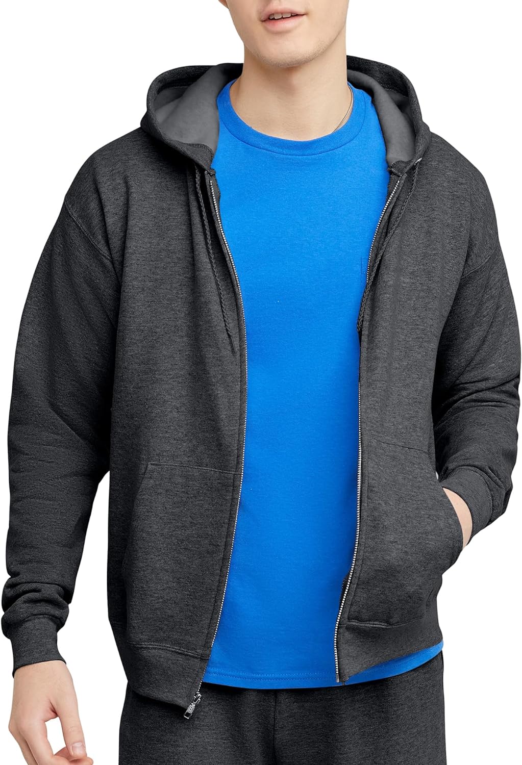 Hanes Men's Hoodie, EcoSmart Fleece Zip-Front Hooded Sweatshirt, Cotton-Blend Fleece Hooded Sweatshirt, Mid-Weight Zip-Up, Charcoal Heather, S