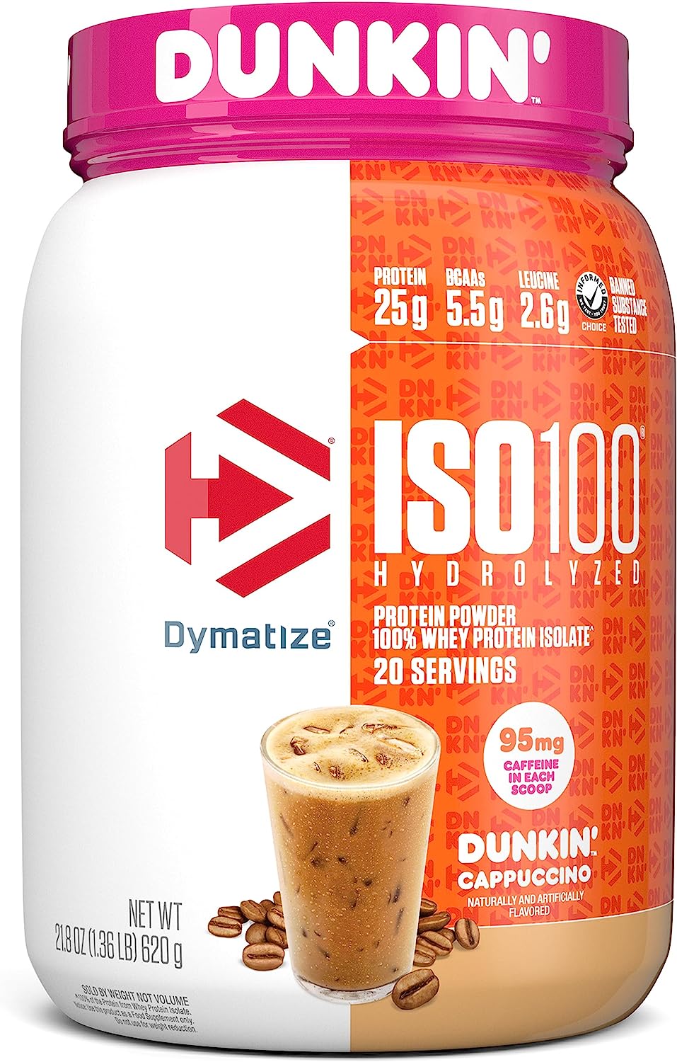 Dymatize ISO100 Hydrolyzed 100% Whey Isolate Protein Powder in Dunkin' Cappuccino Flavor, 25g Protein, 95mg Caffeine, 5.5g BCAAs, Gluten Free, Fast Absorbing, Easy Digesting, 21.5 Oz