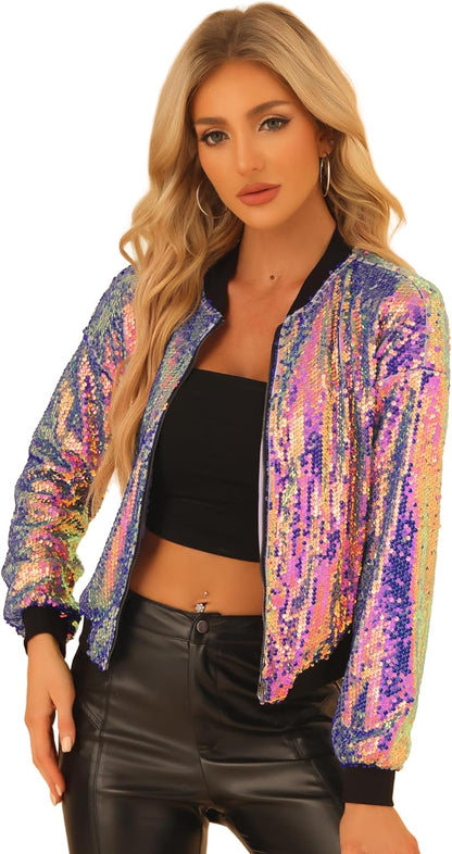 Allegra K Women's Halloween Sequin Sparkle Long Sleeve Zipper Bomber Jacket