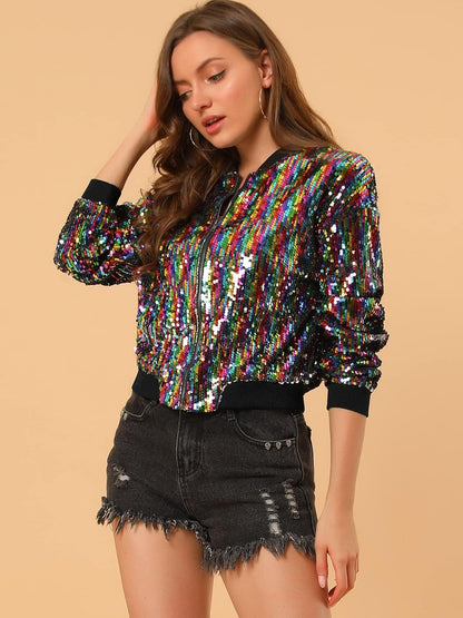 Allegra K Women's Halloween Sequin Sparkle Long Sleeve Zipper Bomber Jacket