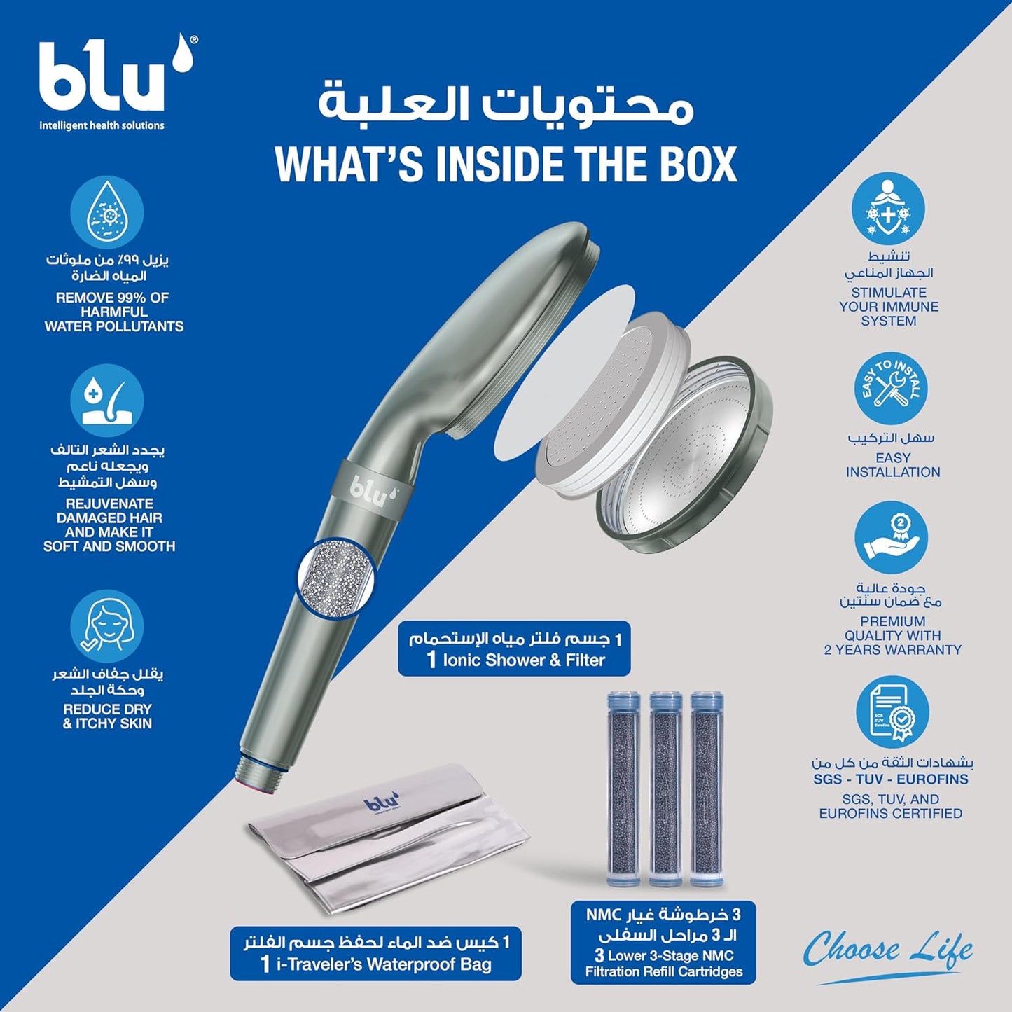 blu Ionic Shower Head & Filter - Handheld - Matt Nickel - Removes Chlorine & Harmful Pollutants - Skin & Haircare