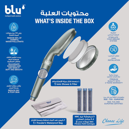 blu Ionic Shower Head & Filter - Handheld - Matt Nickel - Removes Chlorine & Harmful Pollutants - Skin & Haircare