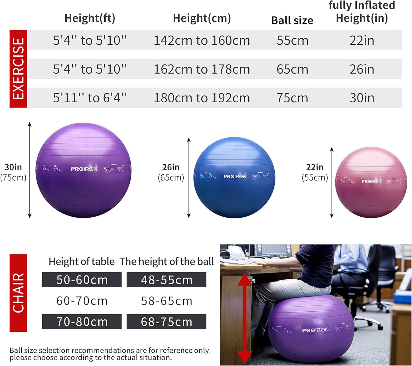 PROIRON Yoga Ball Anti-Burst Exercise Ball Chair with Quick Pump Slip Resistant Gym Ball Supports 500KG Balance Ball for Pilates Yoga Birthing Pregnancy Stability Gym Workout Training