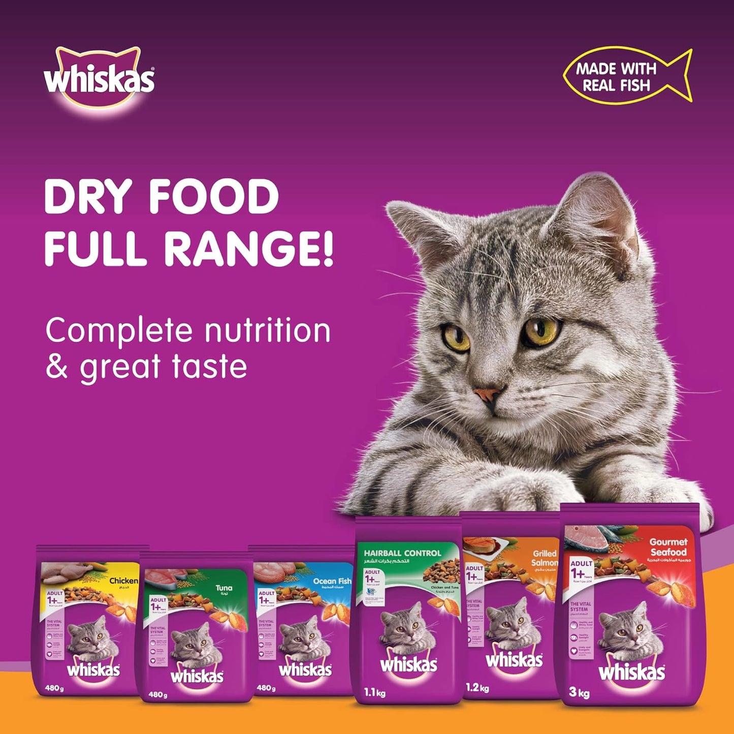 Whiskas Ocean Fish Dry Food, for Adult Cats 1+ Years, Formulated to Help Cats Maintain a Healthy Digestive Tract and Sustain a Healthy Weight, Complete Nutrition & Great Taste, Case of 15x480g