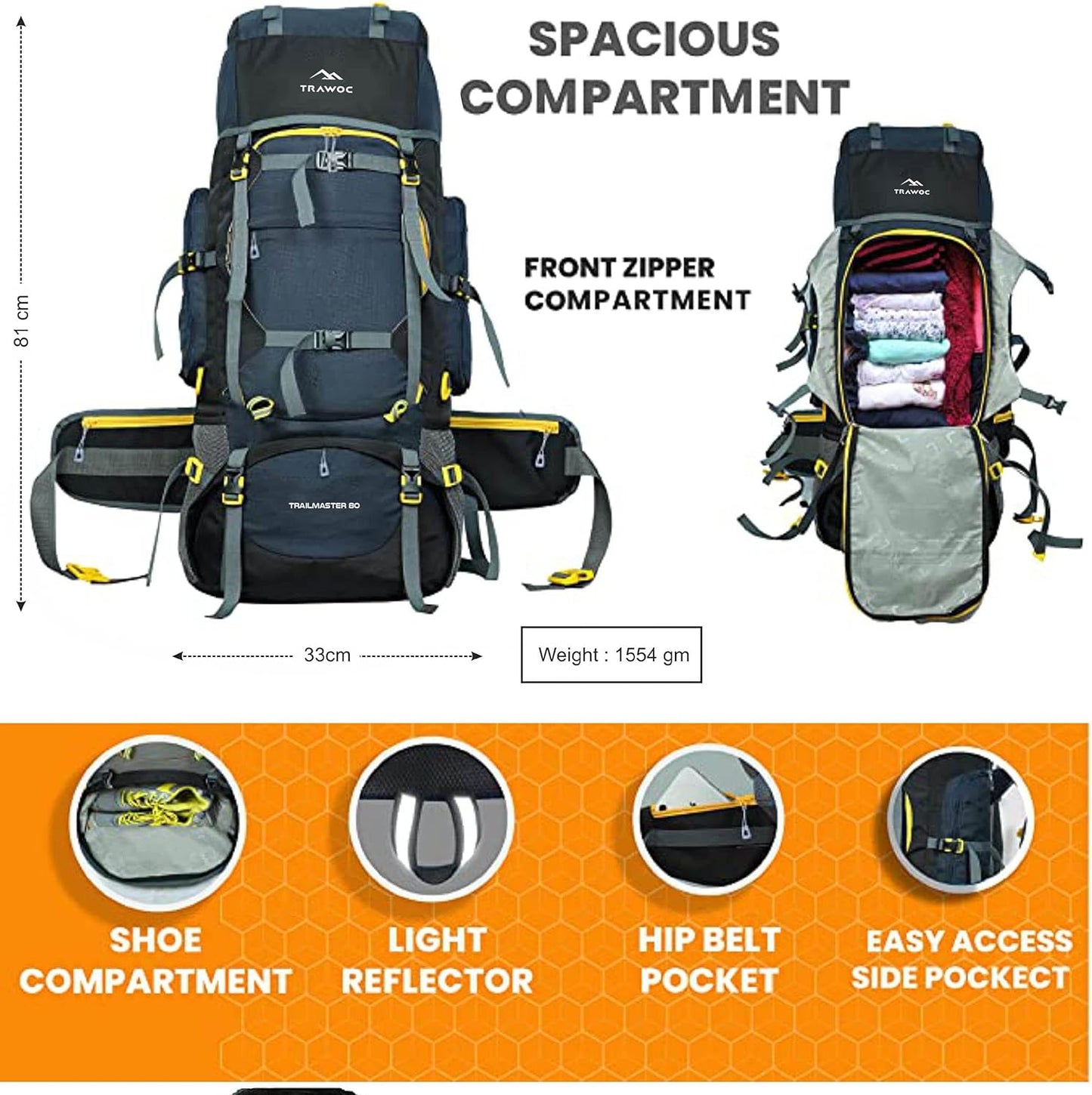 TRAWOC 80L Travel Backpack for Outdoor Sport Camp Hiking Trekking Bag Camping Rucksack HK007