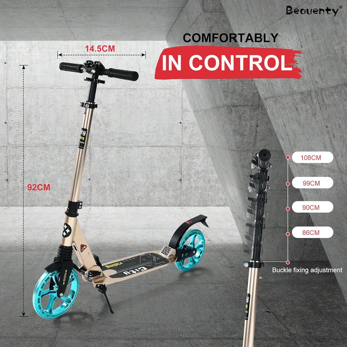 Beauenty 2 Wheels Scooter for Teens, Kick Scooter with Anti-shock Suspension and Adjustable Handlebar for Kids to Adults