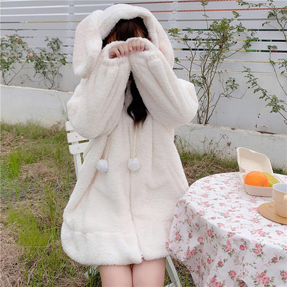 Women Cute Bunny Ear Long Sleeve Fuzzy Fluffy Rabbit Tops Sweatshirt Hoodie Jacket Coats